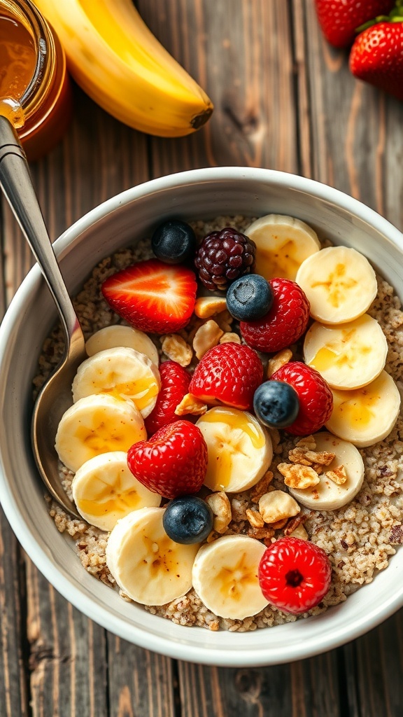 A nutritious breakfast bowl with quinoa flakes, banana slices, mixed berries, and nuts on a wooden table.